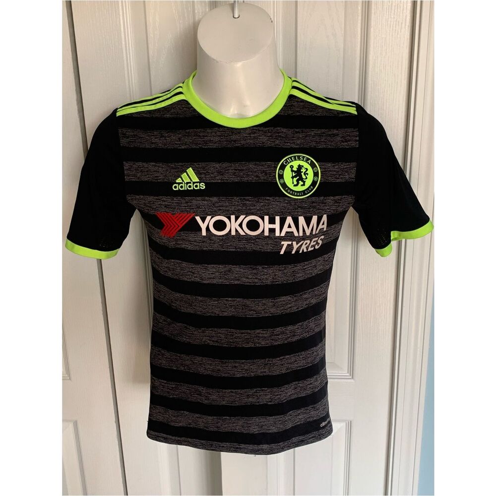 adidas Chelsea Kids Black & Neon Green Stripe Football Jersey
